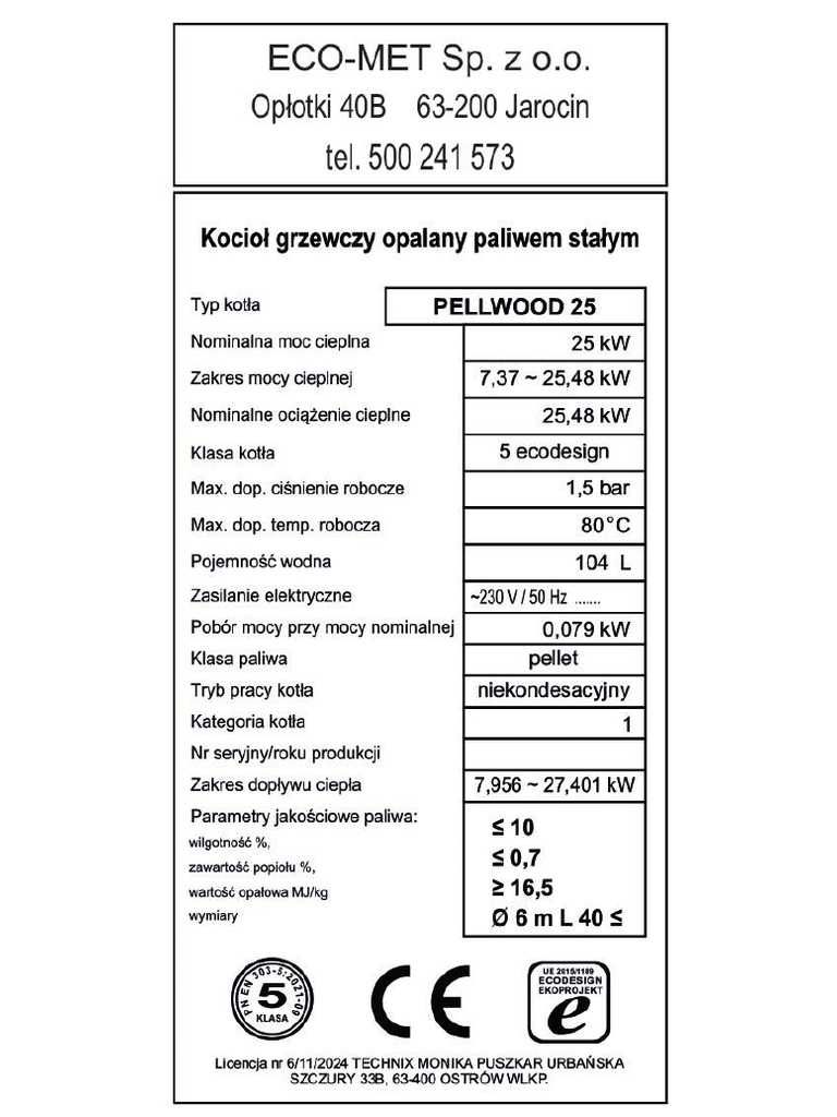 Kocioł pelletowy PELLWOOD 25 kW z podajnikiem na pellet Lista ZUM
