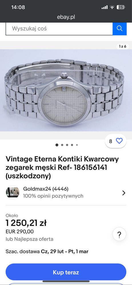 Zegarek meski 34mm Eterna Kontiki 88’ sprawny