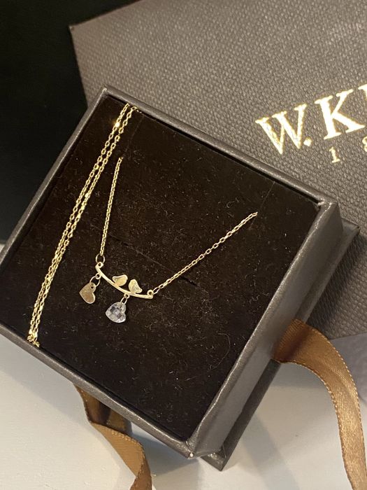 Kruk złoty 585 ,14k Naszyjnik,celebrytka ,Love cyrkonia ptaszki