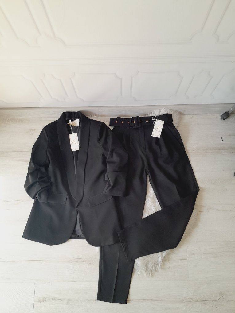 Czarny elegancki garnitur damski SM marynarka+spodnie