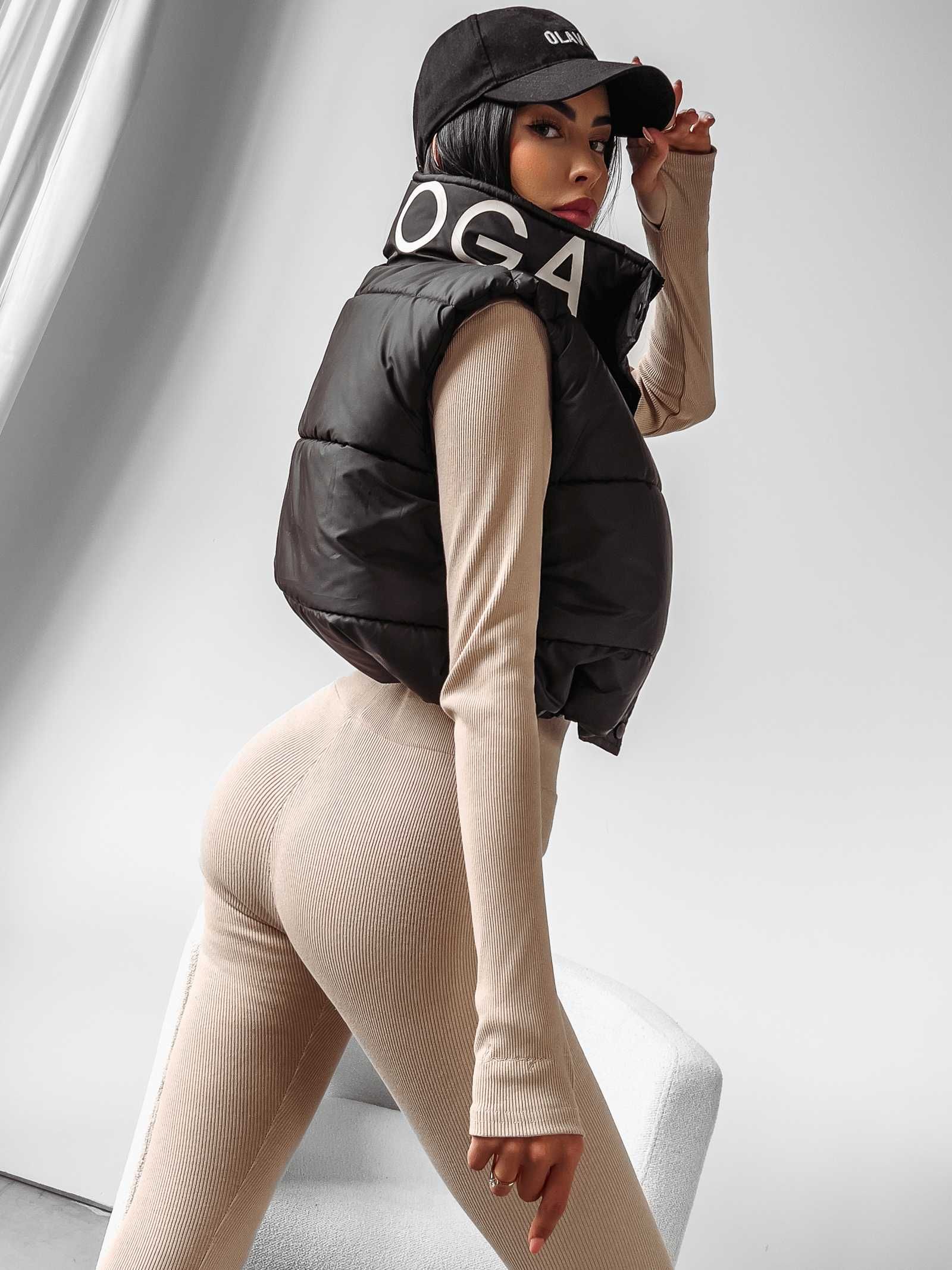 O la Voga Komplet Shaper Top + legginsy prążek Beżowy rozmiar S M