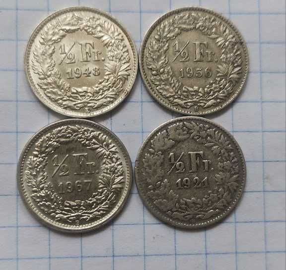 1\2 франка, Швейцарія 1921 "B",1967 "B", 1956 "B" 1948 "B"срібло 0.835