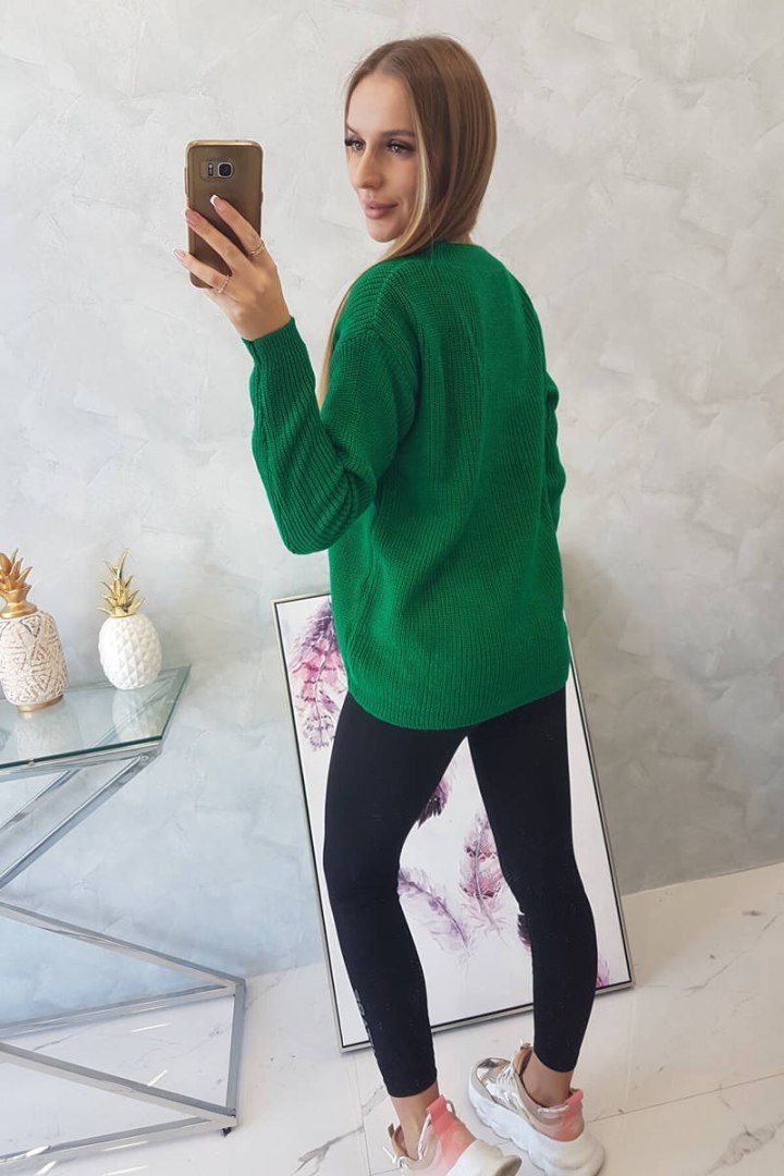 Sweter z dekoltem V zielony o luźnym kroju akryl