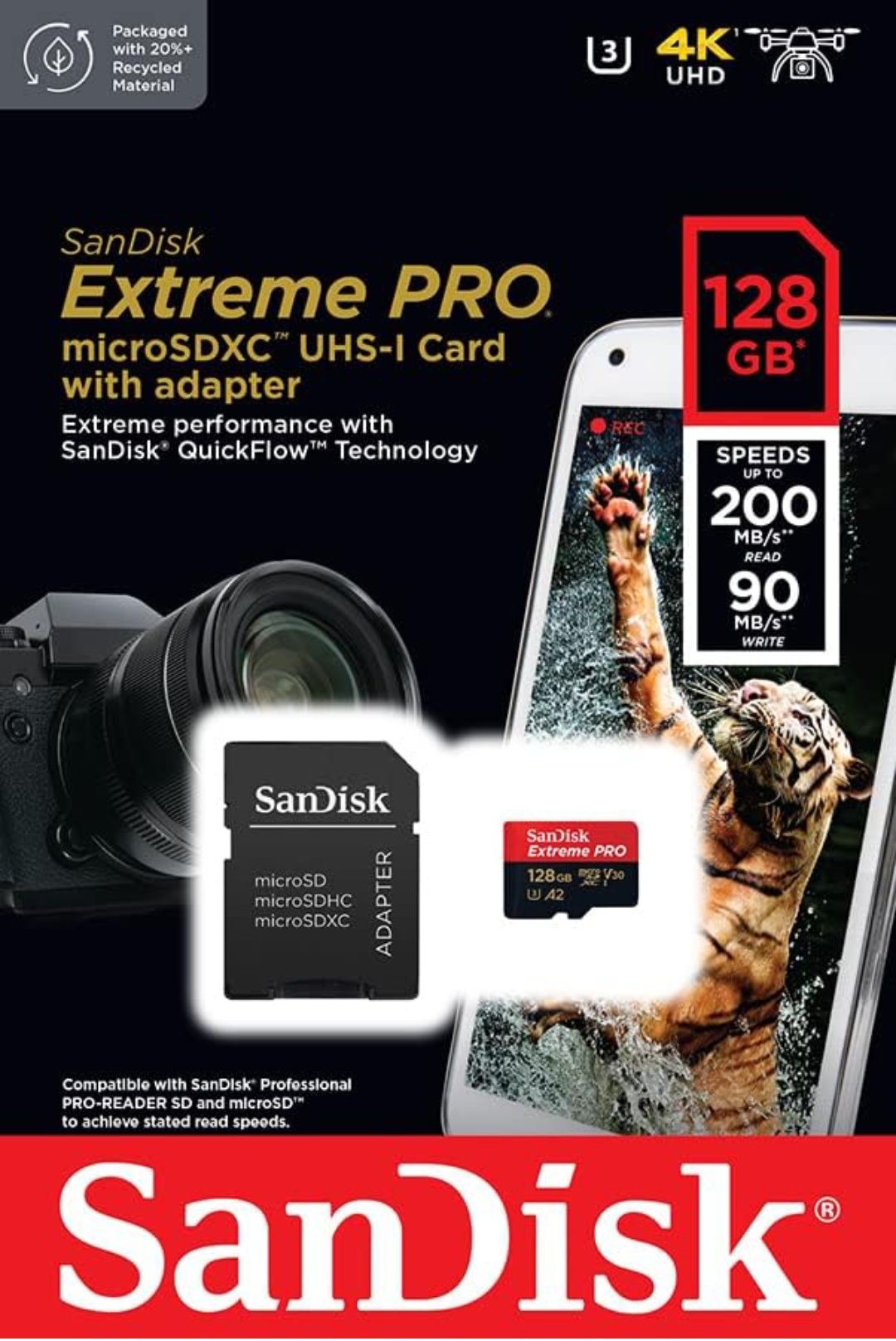 SANDISK Cartão Micro SDXC Extreme PRO 128GB (200MB/s) + Adaptador NOVO
