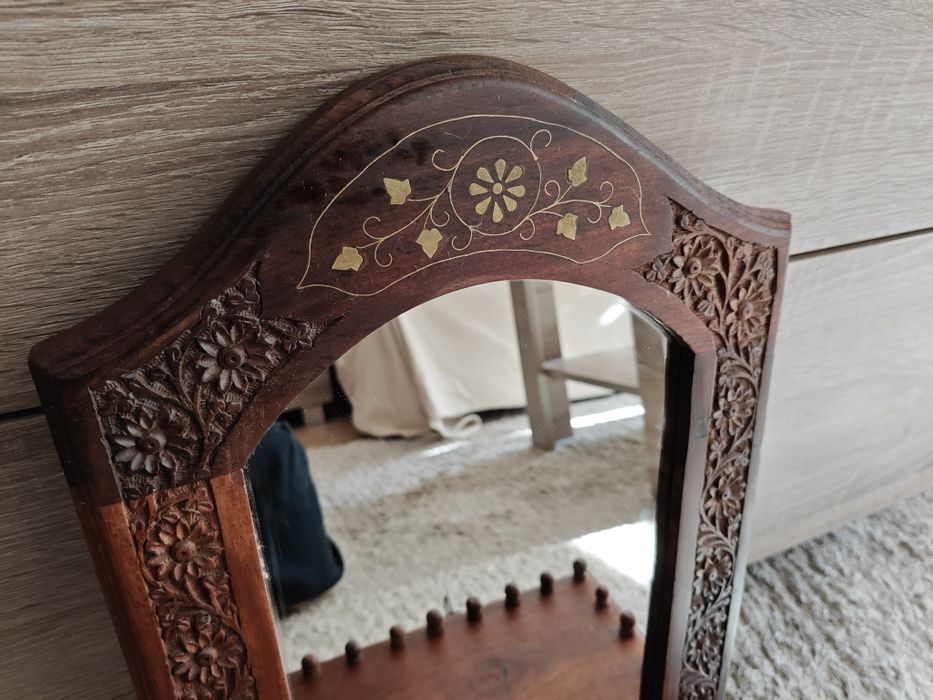 Lustro drewniane etniczne z Indii antyk vintage
