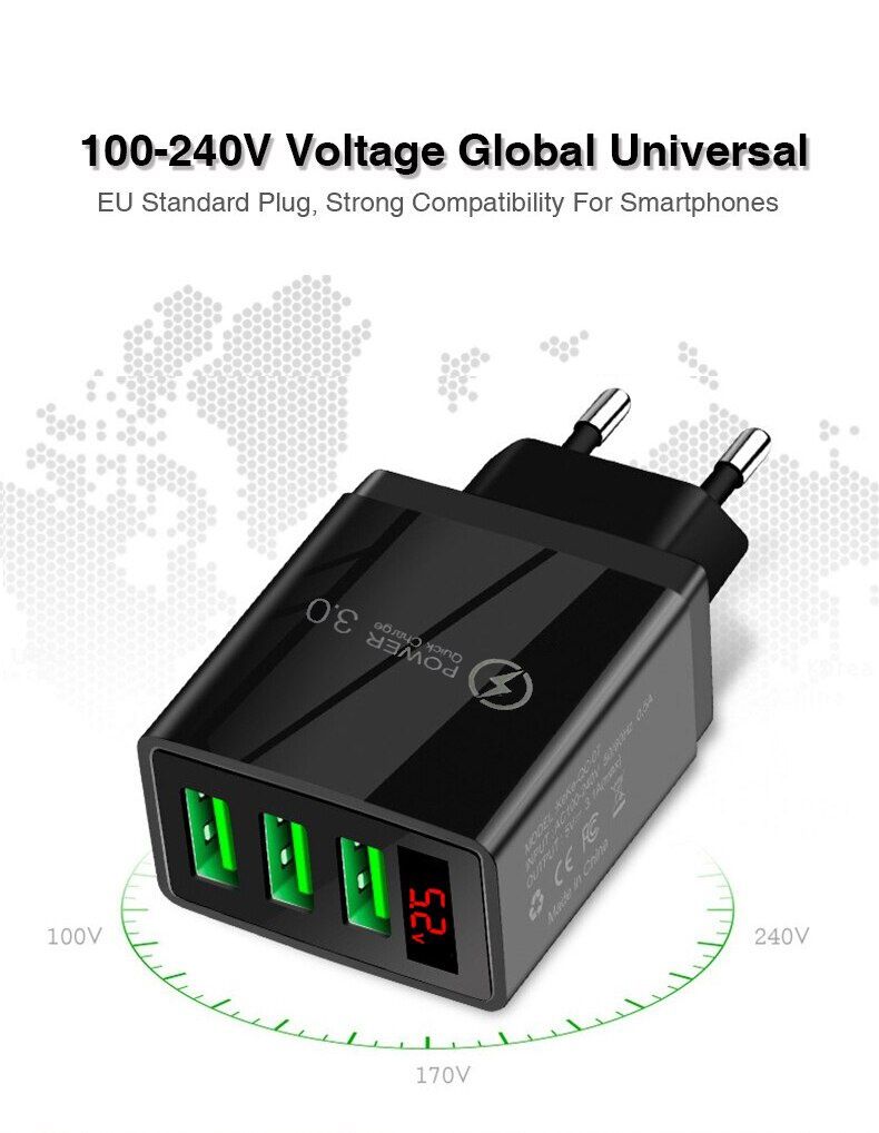 Szybka ładowarka 5V 3A 3-portowa USB z wyświetlaczem