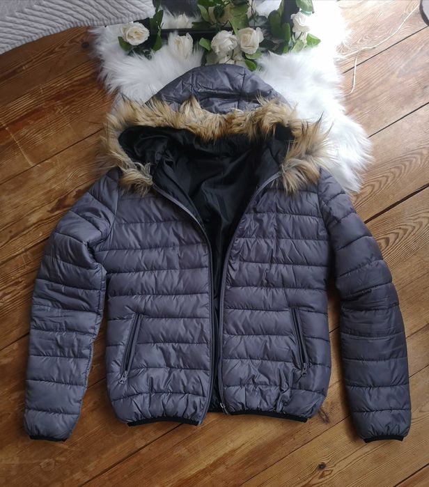 Kurtka 38 M szara pikowana z kapturem futerko krótka puffer