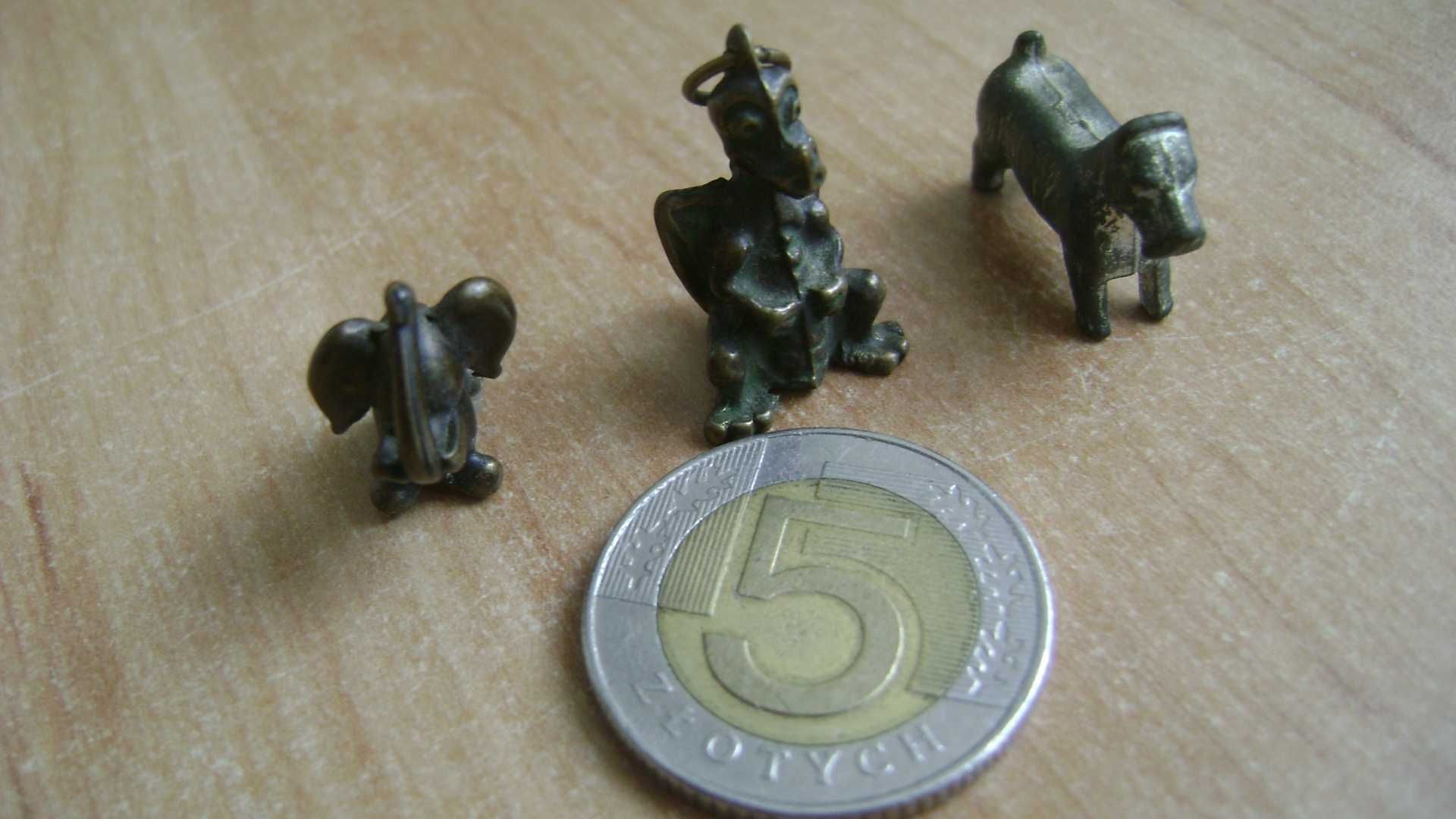 Starocie z PRL - Zestaw = 3 Miniaturki mosiężne Słoń Smok Pies TANIO