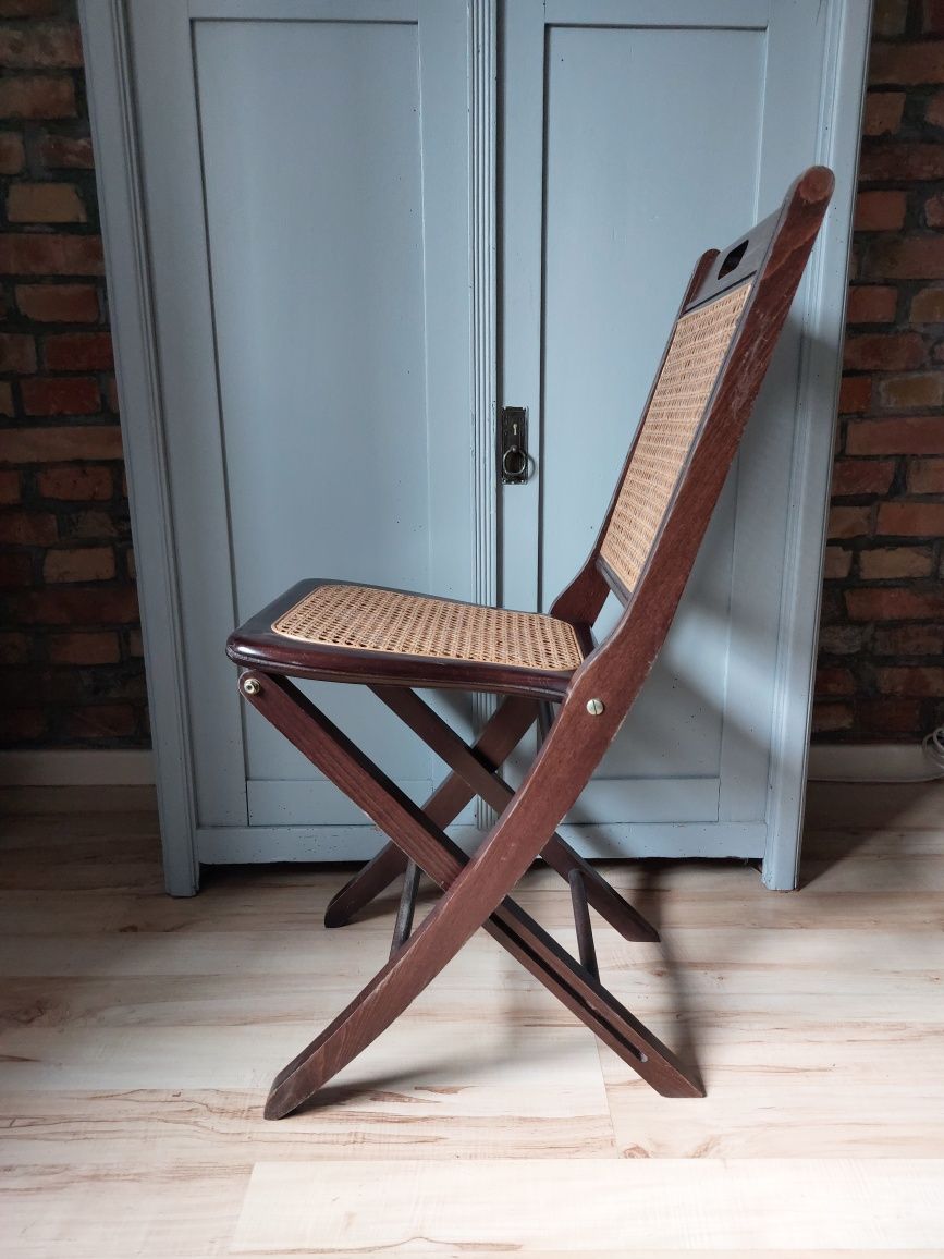 krzesło vintage unikat składane z rafią drewniane