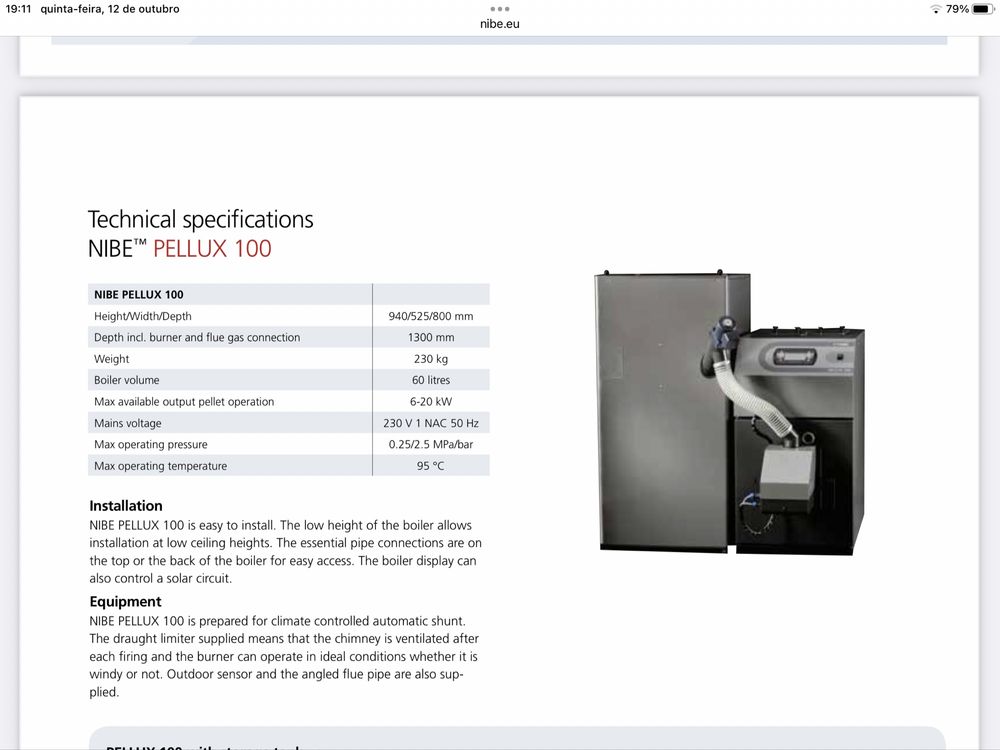 Nova - 40%€. Caldeira a Pellets/Caroço de Azeitona de Fabrico: SUECO - NIBE PELLUX 100 - Limpeza Automatica.