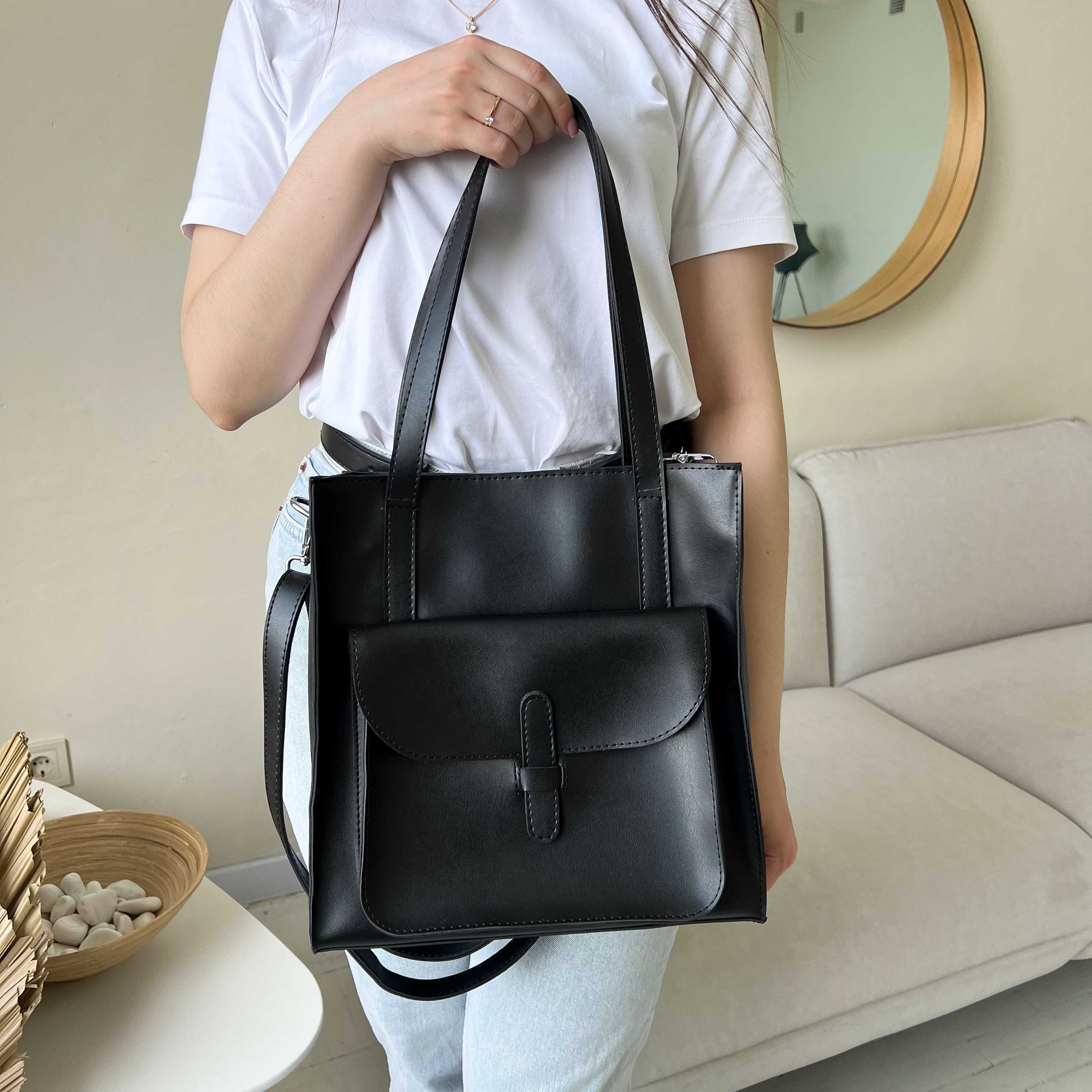 Жіноча сумка шопер чорного кольору з еко-шкіри на навчання, роботу