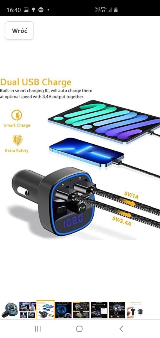 Cocoda Transmiter Fm Bluetooth Do Samochodu, Niebieskie Oświetlenie Ot