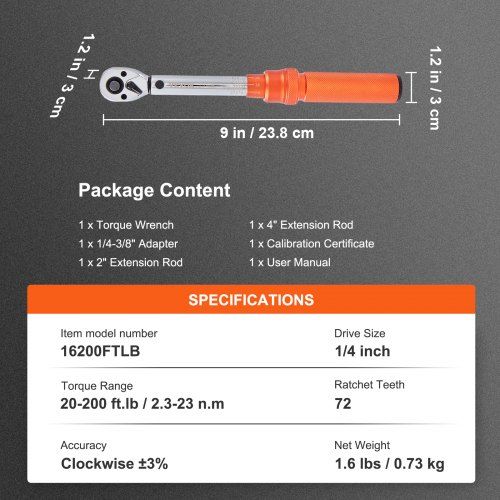 Chave de torque 1/4", 2,3-23Nm, ±3% precisão, adaptador 1/2-1/4"