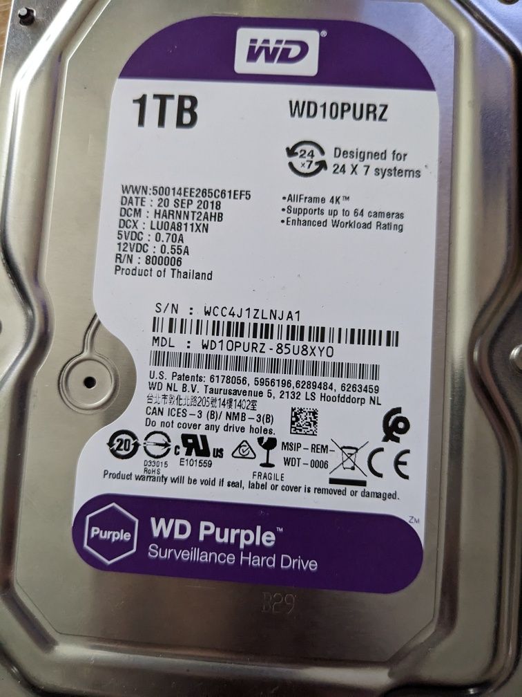 Жорсткий диск 3.5" 1Tb WD WD10PURZ Purple Factory recertified