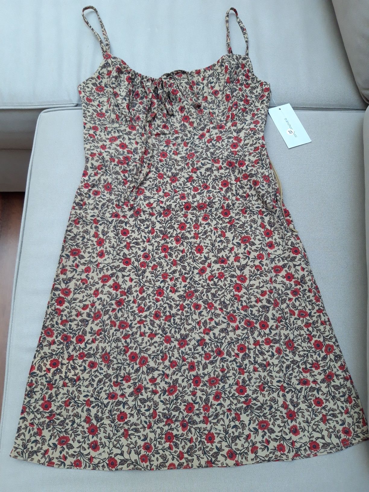 Vestido de Verão c/ padrões florais vintage - bege/vermelho XS-S NOVO!