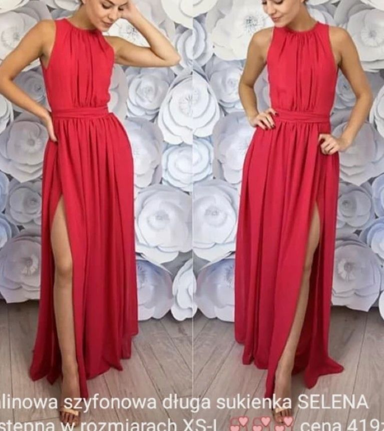 Dluga sukienka Selena firmy Navia malinowa s 36 szyfonowa zwiewna