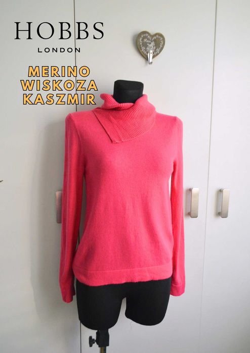 Hobbs merino wiskoza kaszmir sweter fuksja magenta S premium