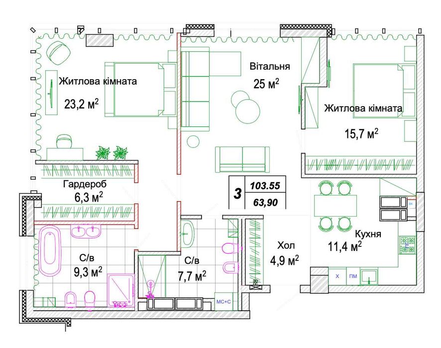 3-кімнатна квартира 104.5 м, у ЖК Новопечерські Липки, будинок зданий