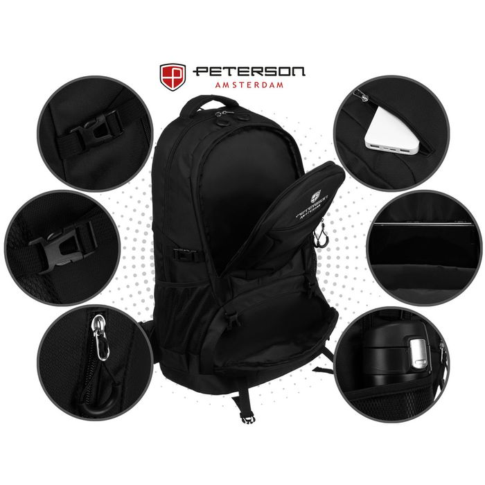 czarny, turystyczny plecak z poliestru zawieszony na regulowanych