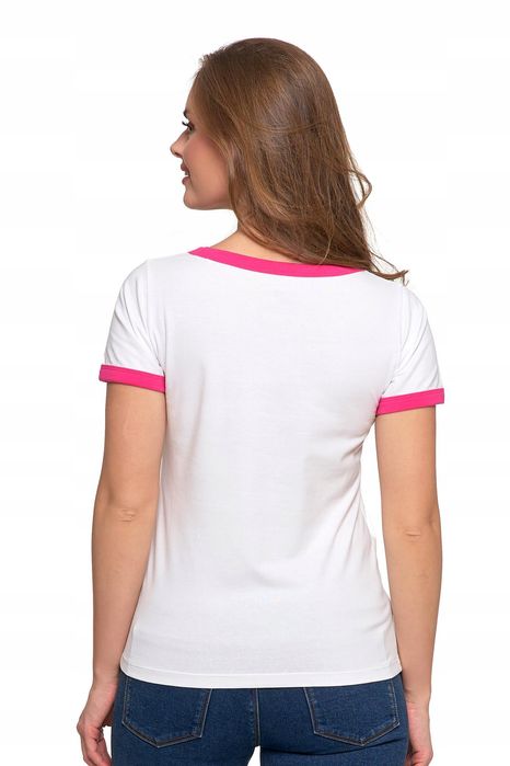 T-Shirt Koszulka Damska Bawełna Slim Z Napisami Biało-Różowy Moraj Xxl