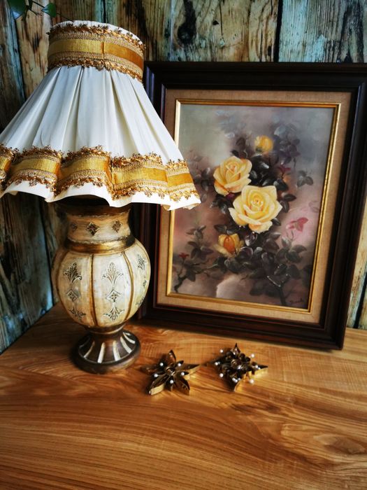 Lampa ceramiczna, zdobienia florenckie, ecru, złoto UNIKAT