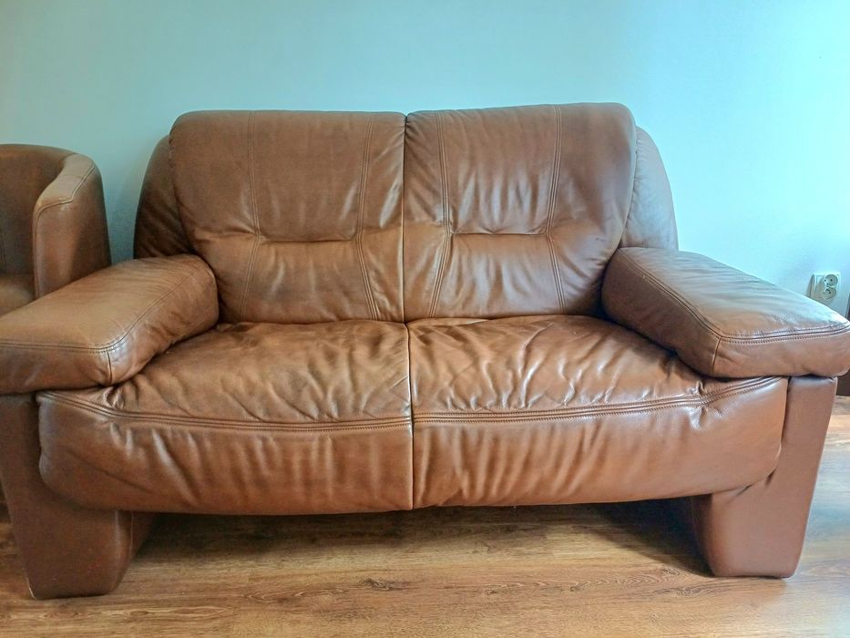 Piękny wypoczynek ze skóry brązowej /sofa, kanapa, dwa fotele