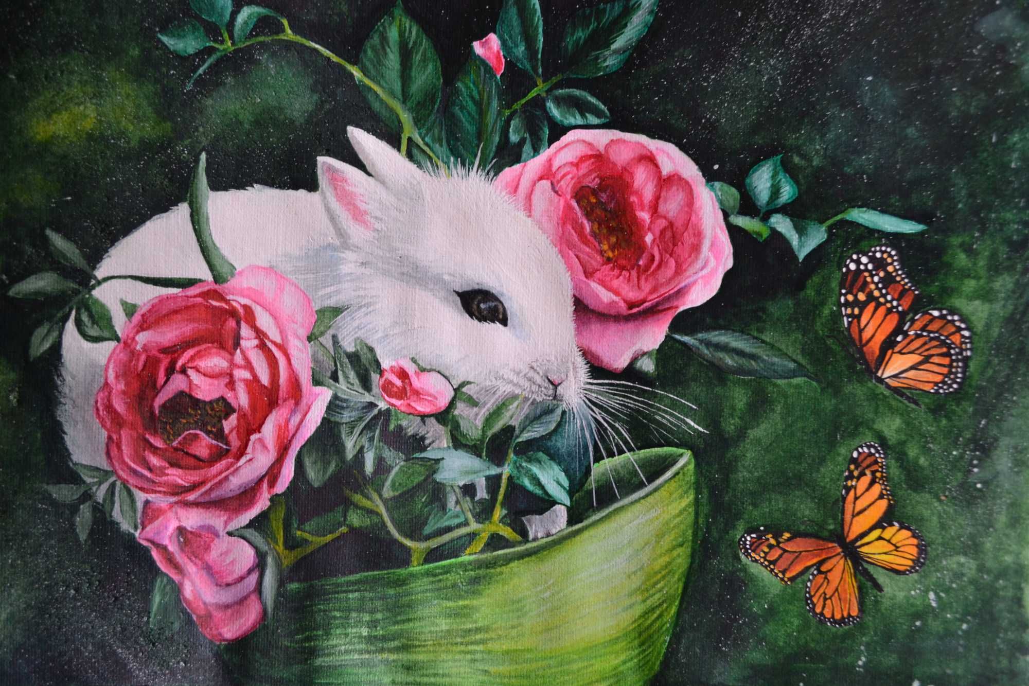 Картина акварель, милий кролик з трояндами