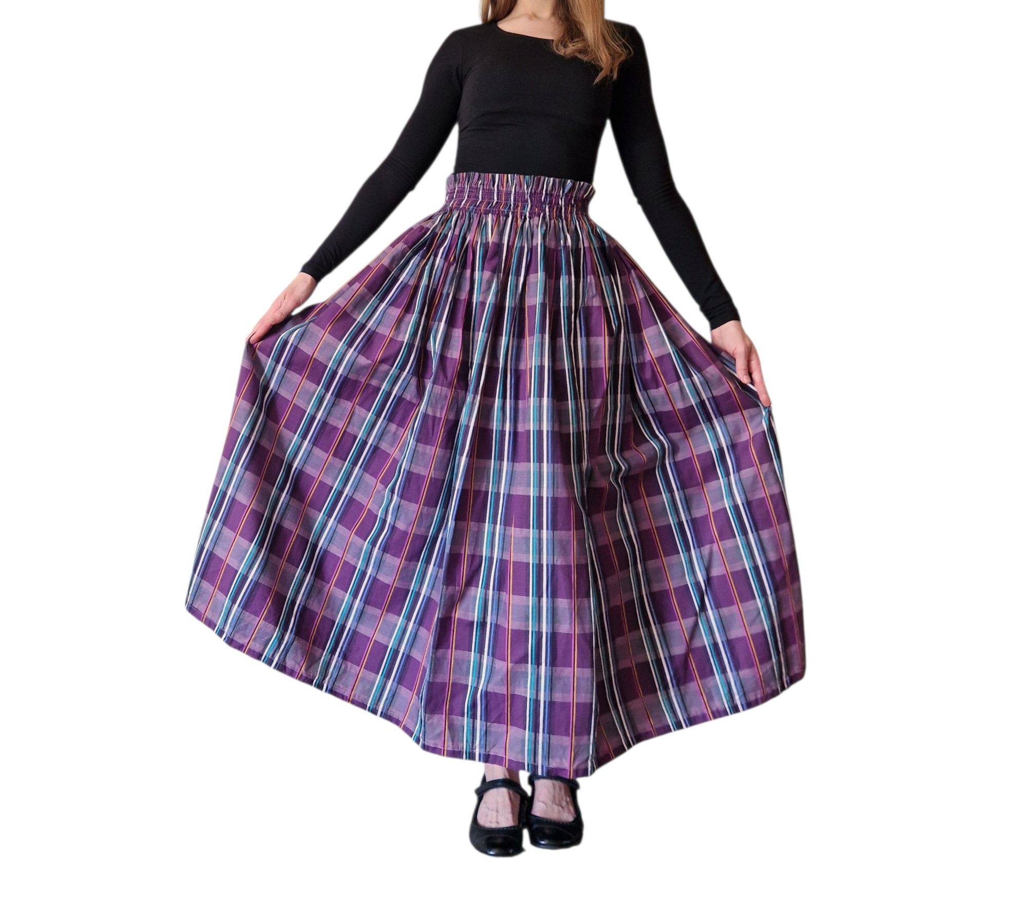 Spódnica retro vintage midi  fioletowa w paski M L