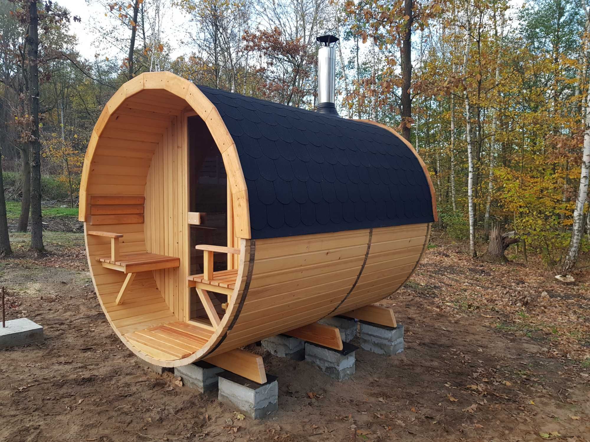 Sauna ogrodowa drewniana z tarasem beczka piec drewno 2,5m szyba 50%