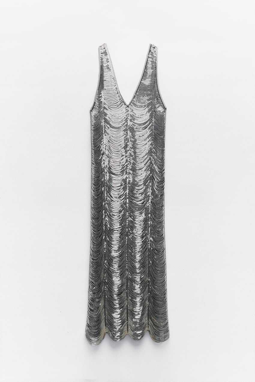 Срібна довга сукня жіноча з паєтками zara