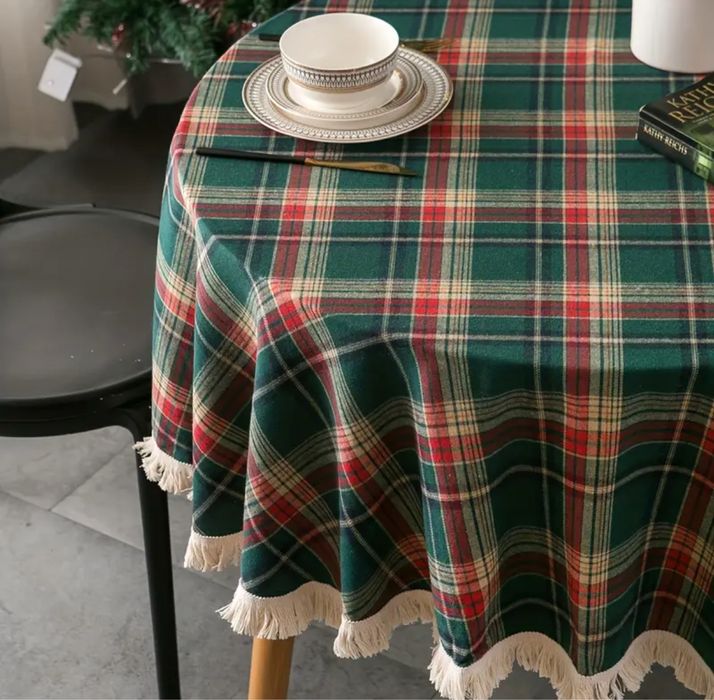 Obrus na stół świąteczny okrągły zielony czerwony krata 150 cm