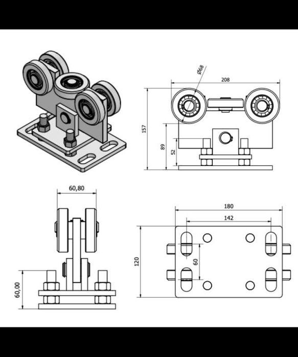 Zestaw Wózków 5 rolkowych profil 80x80x5 z rolką najazdową i gniazdem