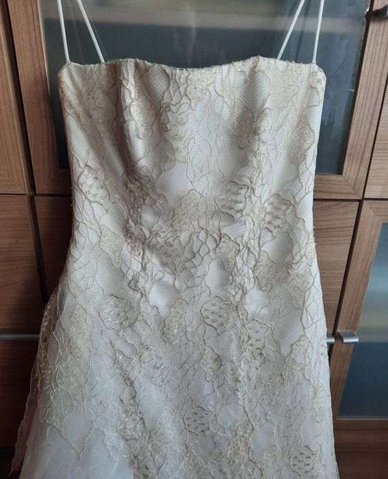 Suknia ślubna ecru, gorset, organza, cekiny