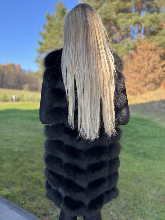 Kamizelka m/l z lisa czarnego naturalne futro damska długa rzędowa