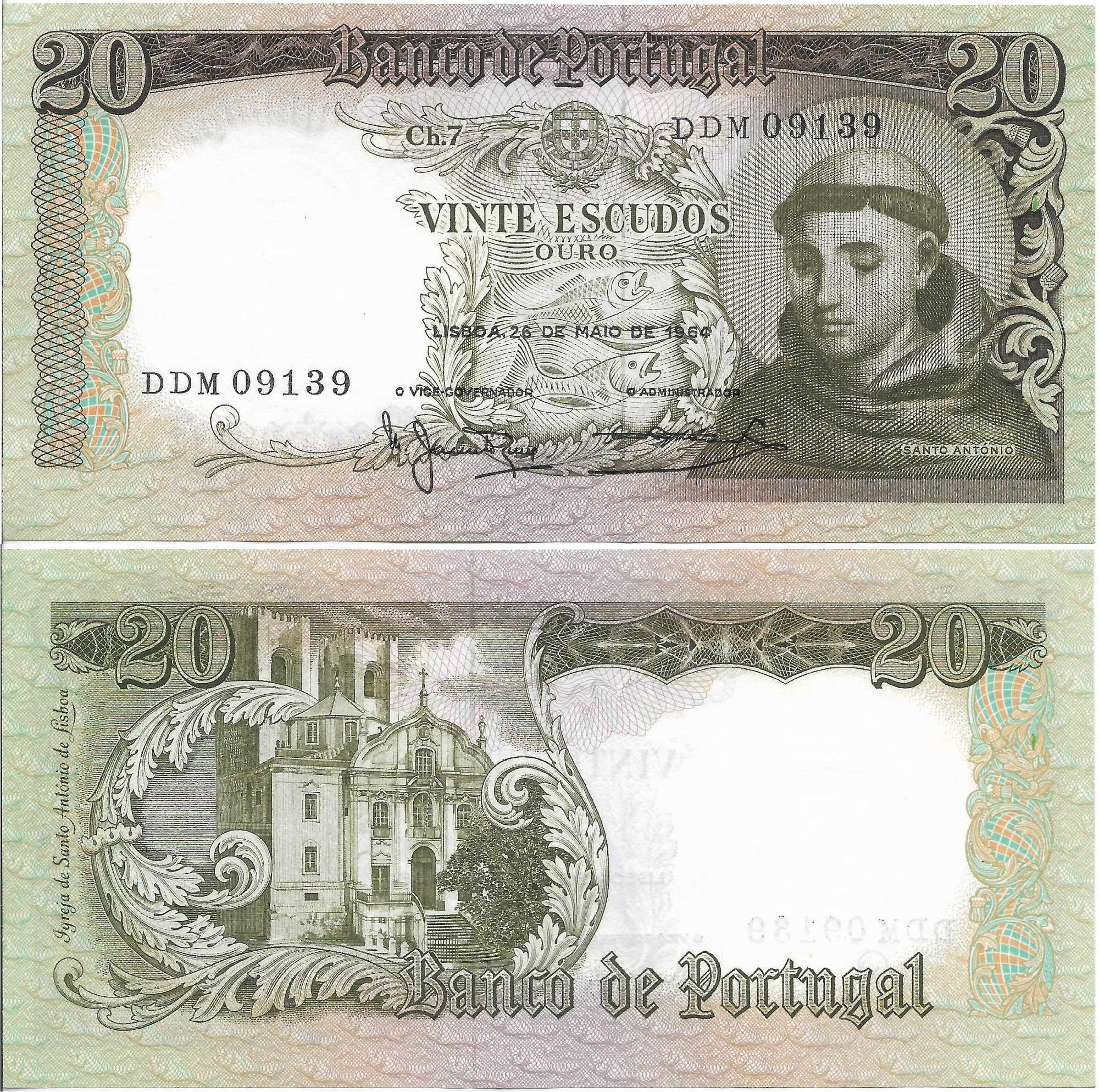 Nota 20$00 de Portugal. Santo António. Bela. 26 Maio de 1964.