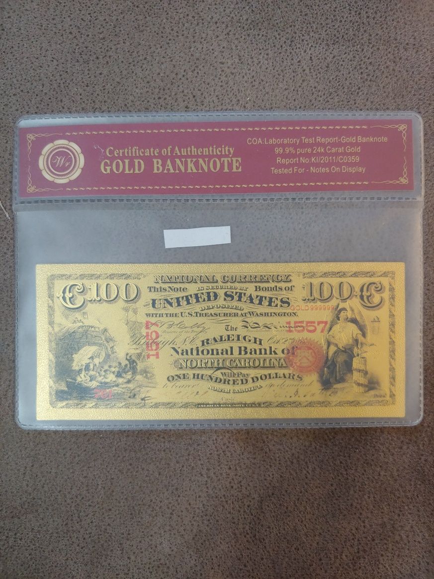 банкнота 100 долларов 1557 год США 24 каратное золото северная каролин