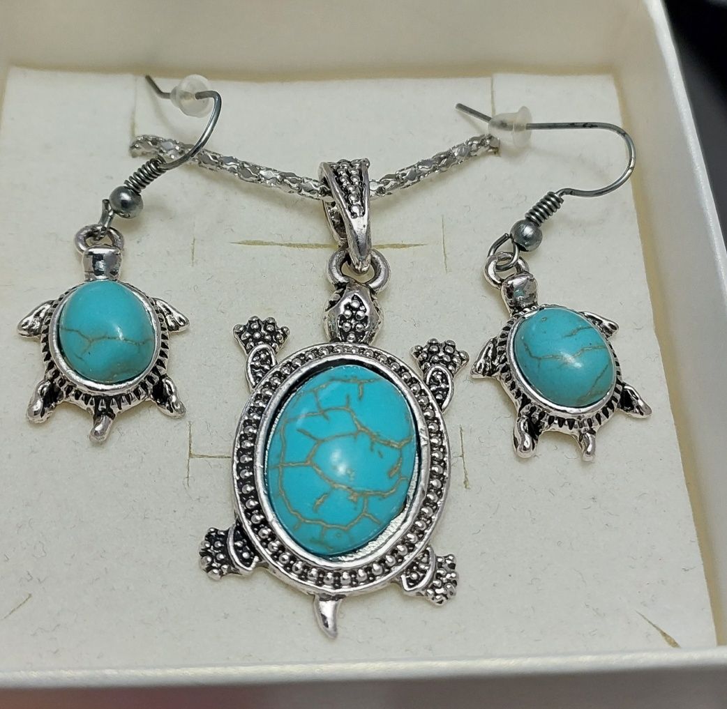 Piękny zestaw biżuterii srebro tybetańskie żółwie
