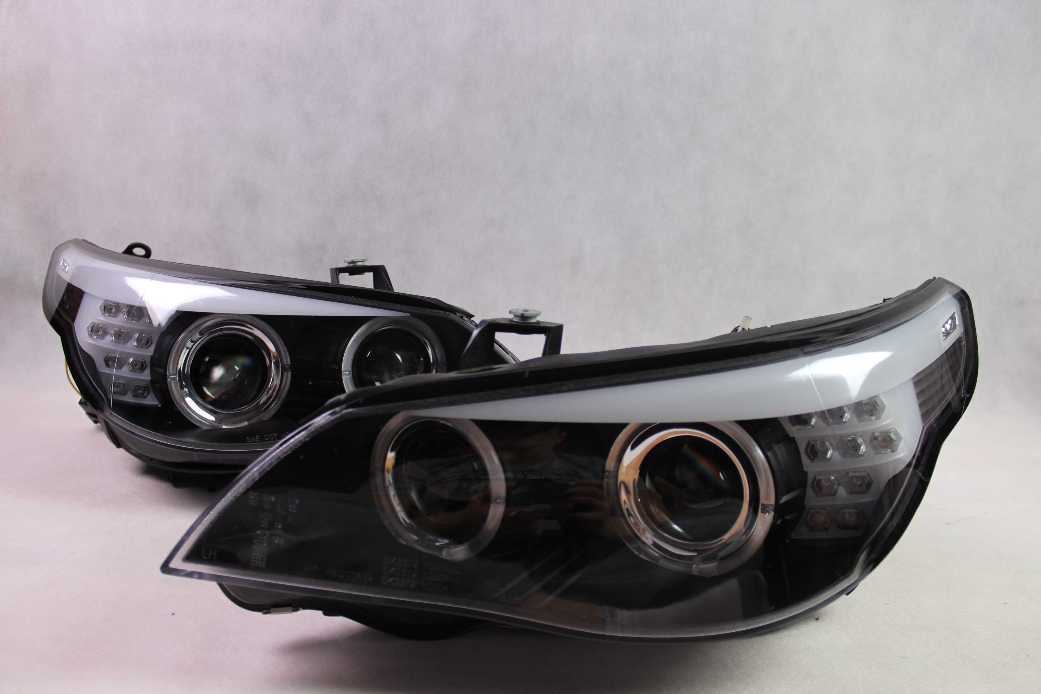 Lampy przednie przód BMW E60 E61 03-07 H7 RINGI LED NEON BLACK SMOKE
