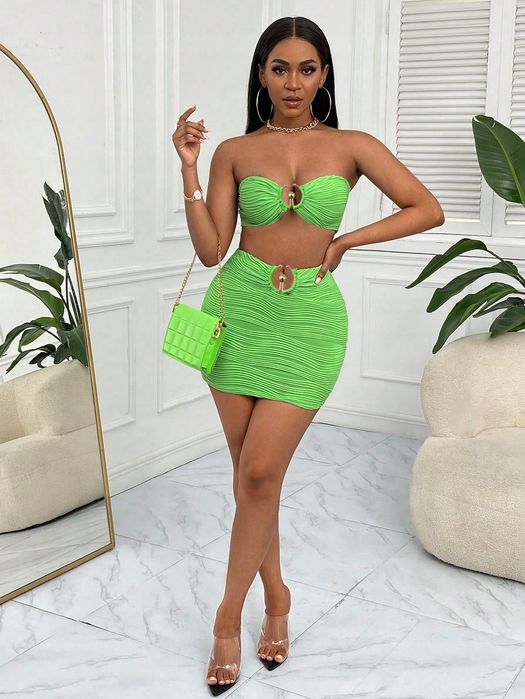 Komplet Sexy Teskturowany Top Crop + Spódniczka Ołówkowa S 36