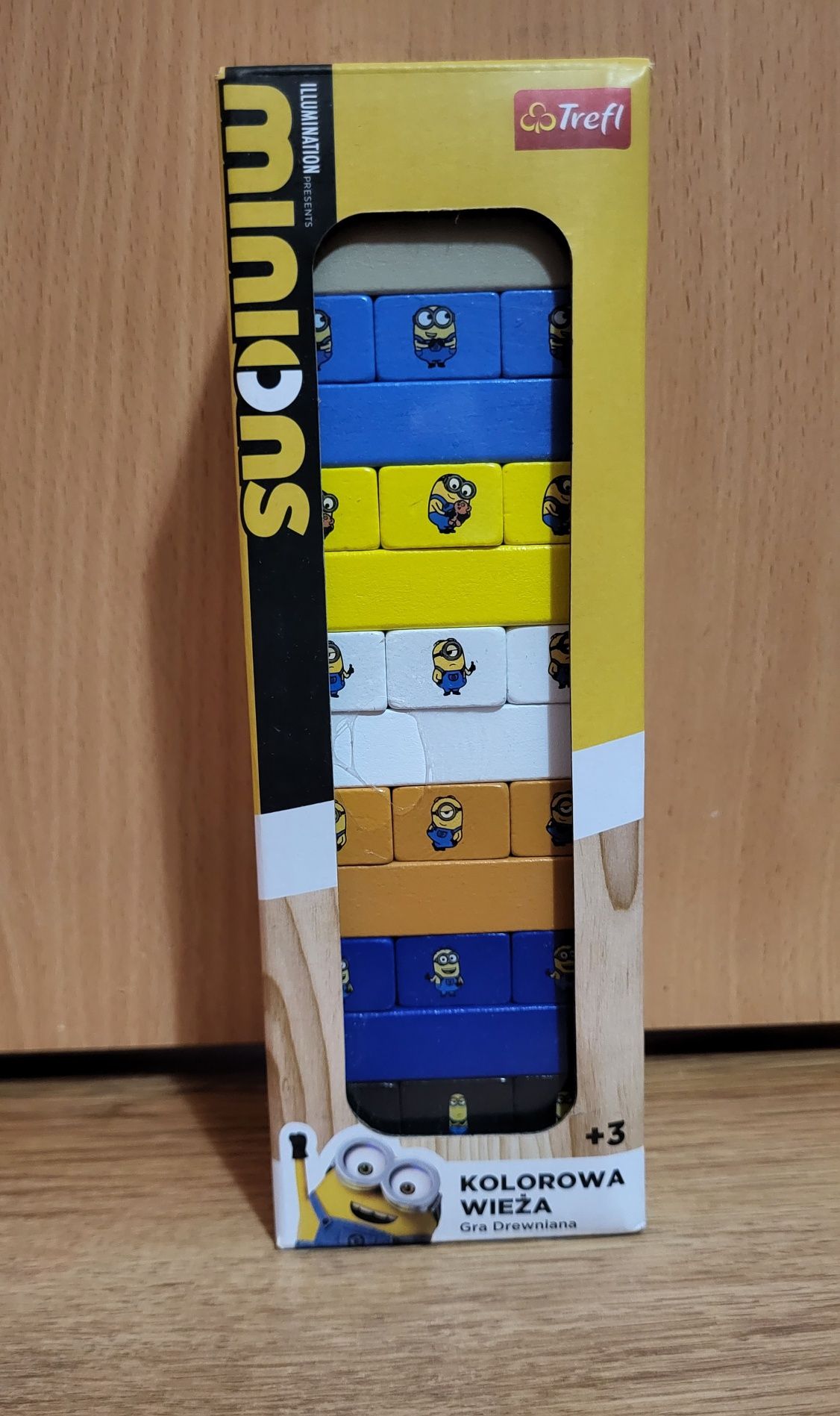 Kolorowa wieża klocki drewniane Minionki 3+