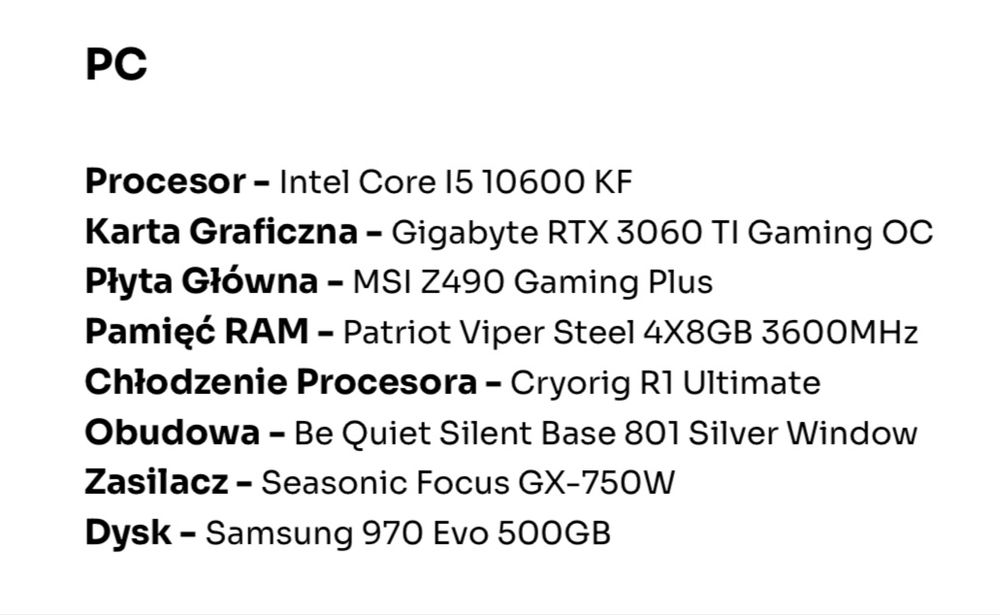 PC Komputer Gamingowy - Intel i5 10600KF - RTX 3060TI - SSD M2