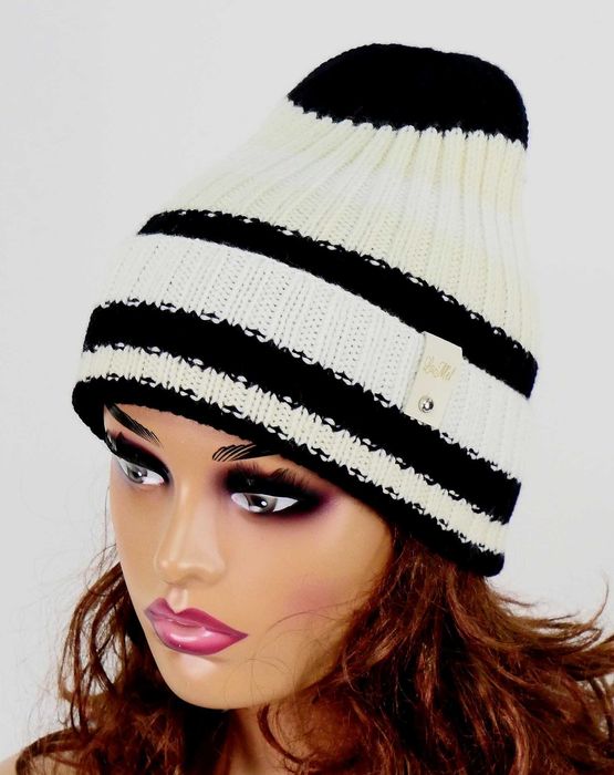LaMel Czapka unisex w paski 100%Merino handmade obw.52 - 56cm