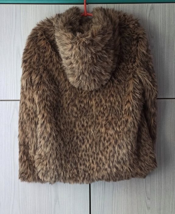 Sztuczne beżowe futro kurtka kaptur animal print cętki vintage