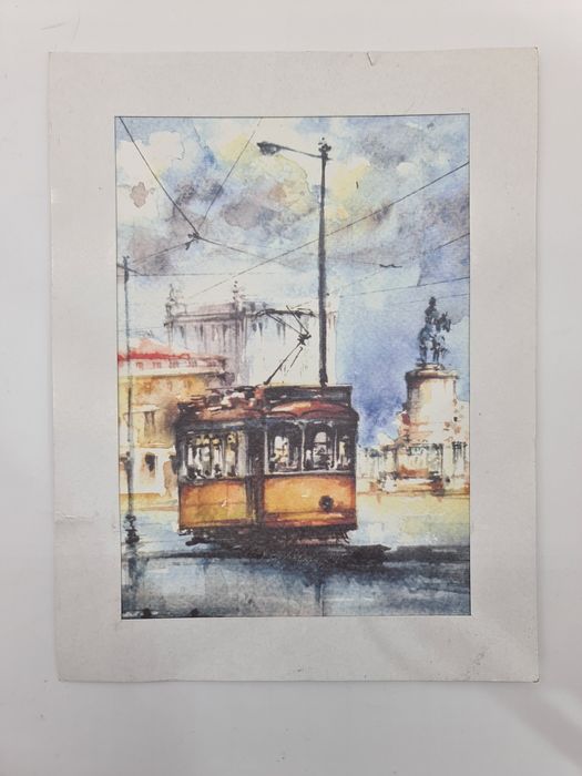 Impressão de aguarela do eléctrico N°28 de Lisboa
