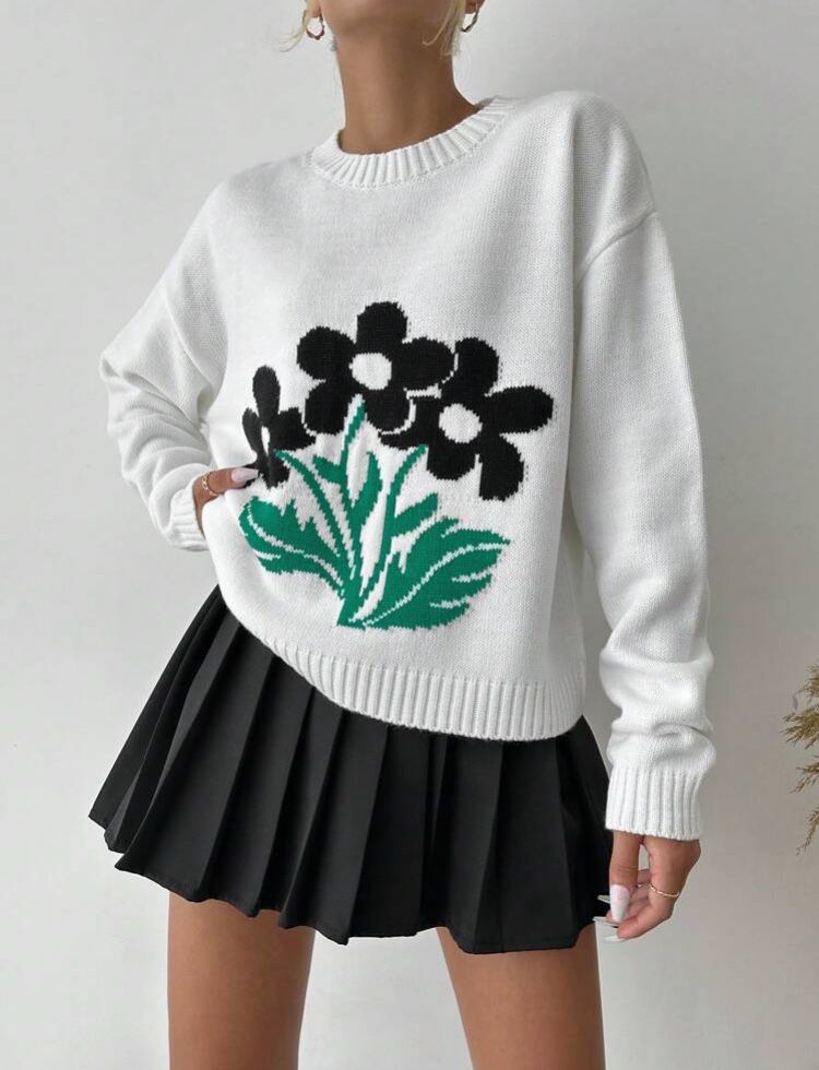 Sweter Damski w kwiaty biały r.L