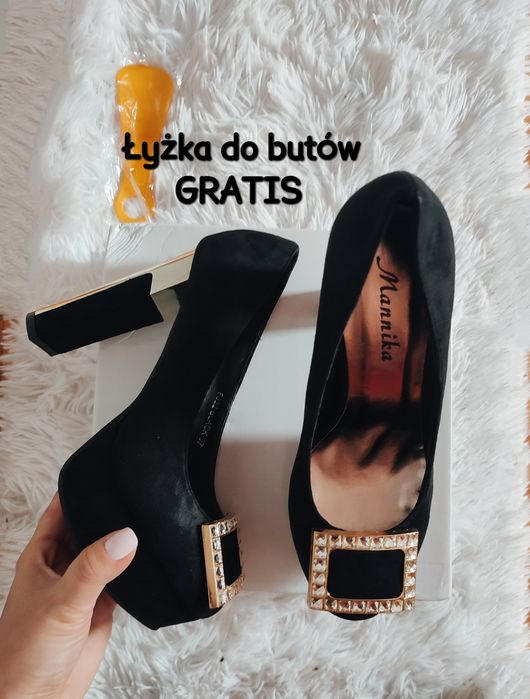 Nowe czarne czółenka na złotym słupku z biżuteryjną klamrą + gratis