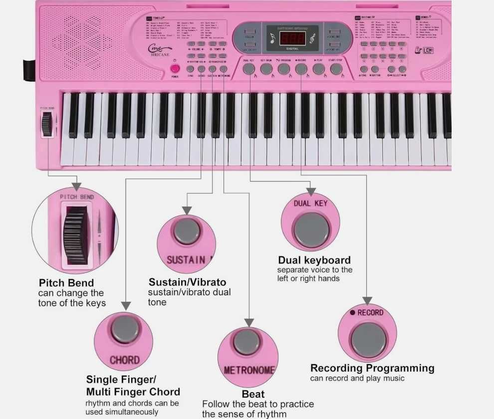 Różowy keyboard HRICANE z mikrofonem, 61 klawiszy