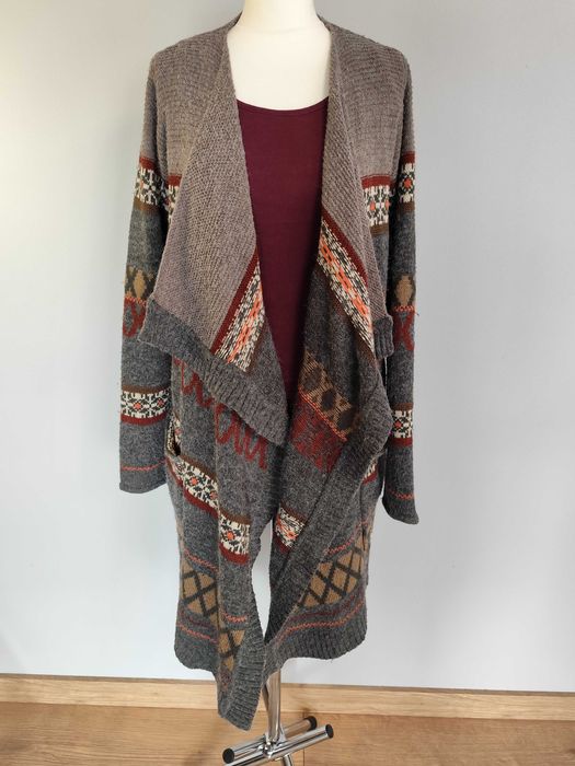 Duży asymetryczny kardigan, boho sweter z wełną, Vila, rozmiar S/M