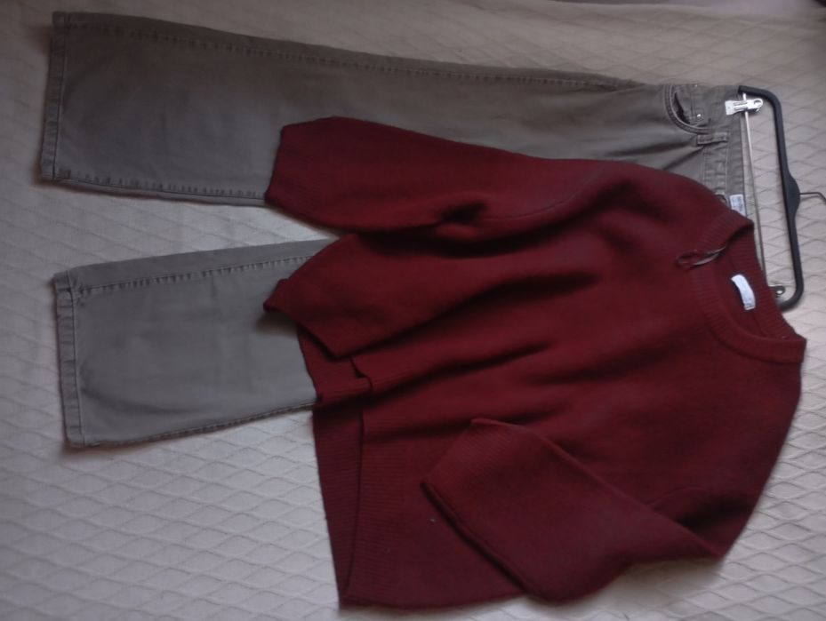 Zestaw na jesień L-XL sweter burgund oversize i dżinsy WIDE LEG taupe