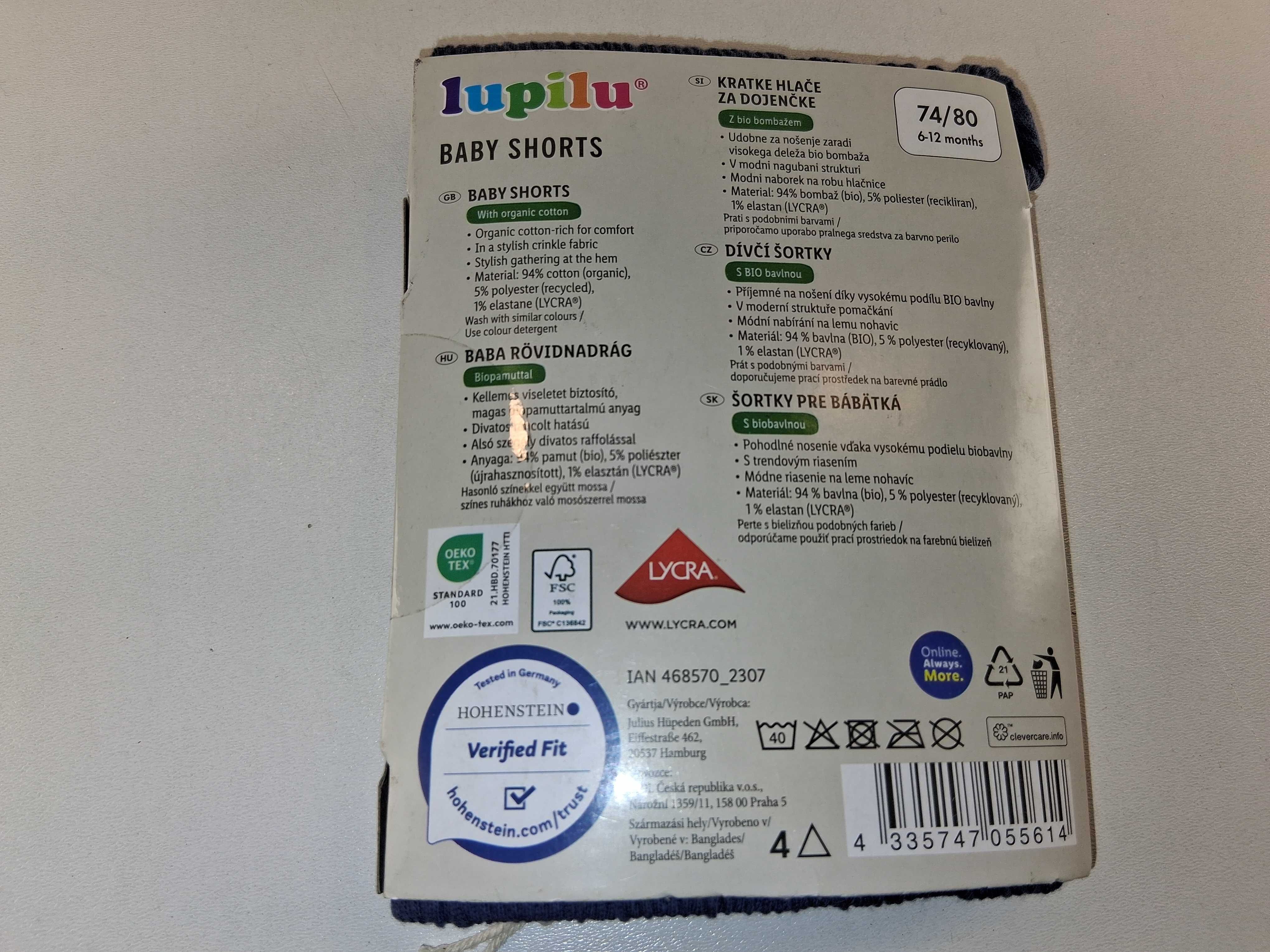 A195 Lupilu Baby Shorts Spodenki Niemowlęce Bawełna Organiczna 74/80
